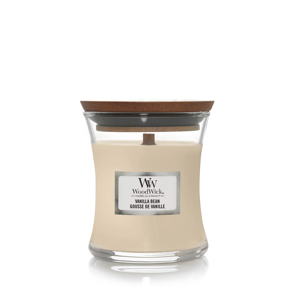 Woodwick Mini Vanilla Bean scented candle with pure vanilla aroma