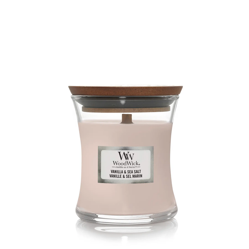 Woodwick Mini Vanilla & Sea Salt scented candle with vanilla aroma and sea salt notes