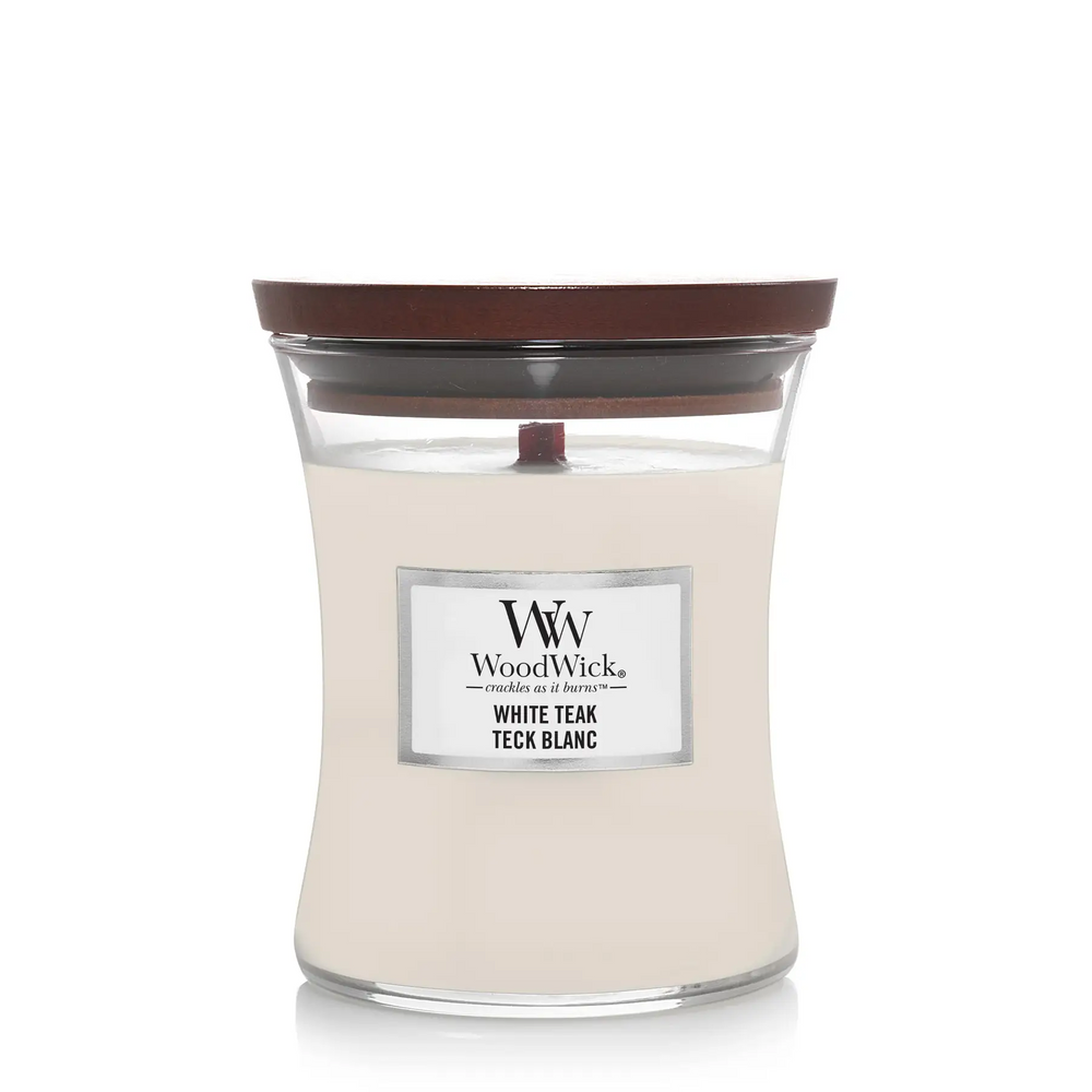 Woodwick White Teak scented candle with sandalwood and oak aroma