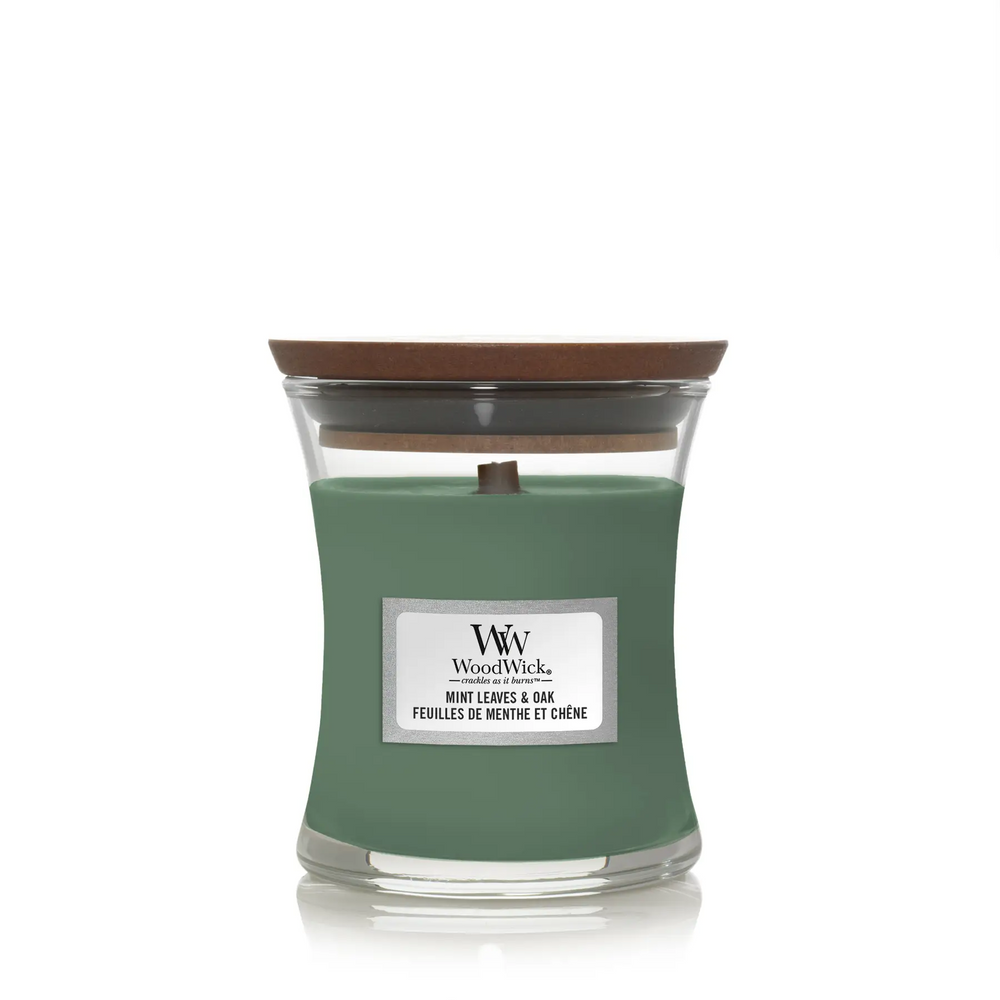 Woodwick Mini Mint leaves & Oak scented candle with notes of mint and oak